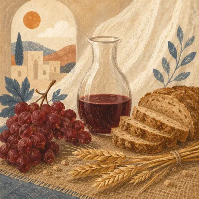 Last Supper Communion Table with Bread and Wine