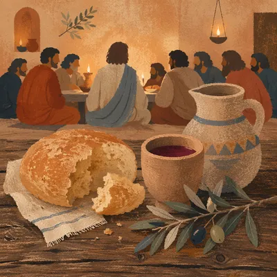 Reverent Last Supper Table With Bread and Wine