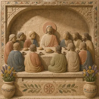 Last Supper Stone Relief with Bread and Wine