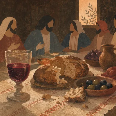 Last Supper Table with Bread and Wine