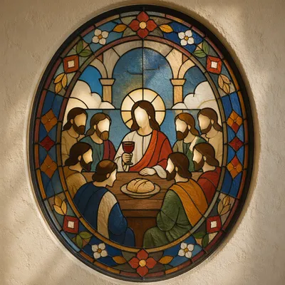 Stained Glass Biblical Supper with Bread and Wine