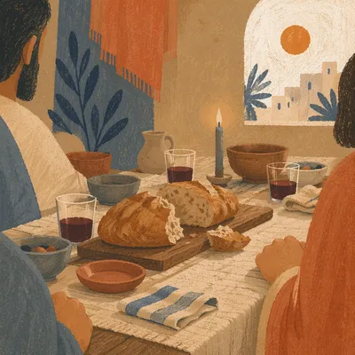 Reverent Last Supper Table with Bread and Wine