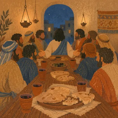 Last Supper Table with Bread and Wine