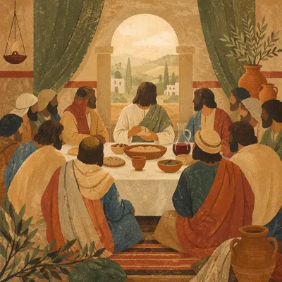 Reverent Last Supper Table with Bread and Wine