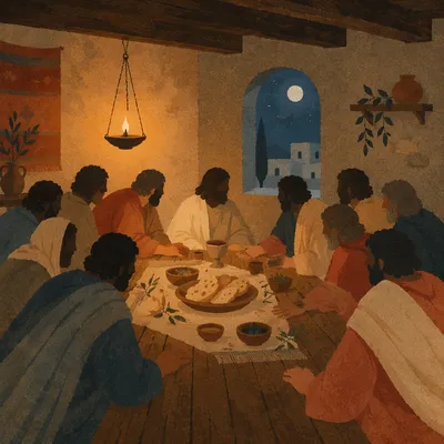 Last Supper Table with Bread and Wine