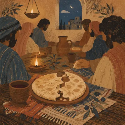 Last Supper Table with Bread and Wine