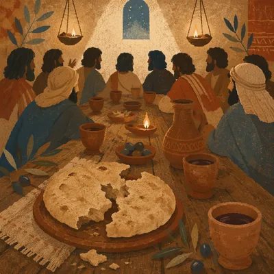 Last Supper Table with Bread and Wine