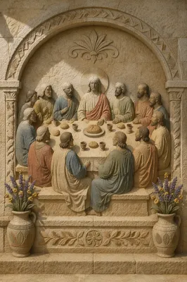 Last Supper Stone Relief with Bread and Wine