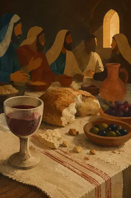 Last Supper Table with Bread and Wine