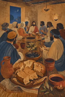 Last Supper Table with Bread and Wine