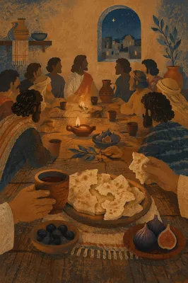 Last Supper Table with Bread and Wine