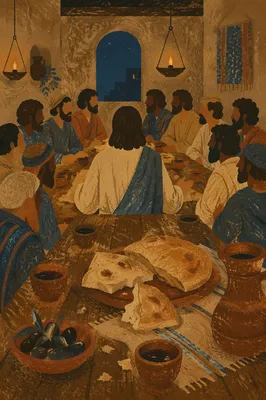 Last Supper Table with Bread and Wine