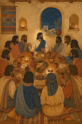 Last Supper Table With Bread and Wine