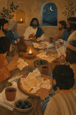Last Supper Table with Bread and Wine