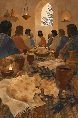 Last Supper Table with Bread and Wine