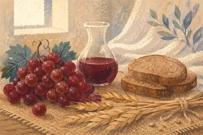 Last Supper Communion Table with Bread and Wine