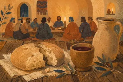 Humble Last Supper Table with Bread and Wine