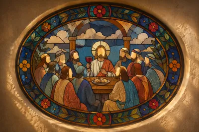 Stained Glass Biblical Supper with Bread and Wine