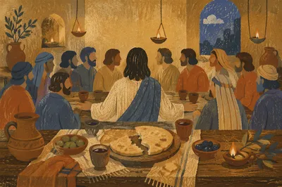 Last Supper Table with Bread and Wine