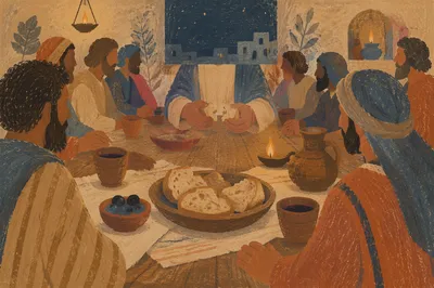 Last Supper Table with Bread and Wine