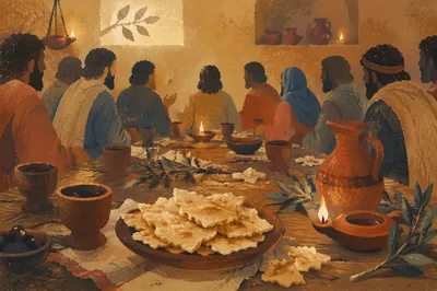 Last Supper Table with Bread and Wine