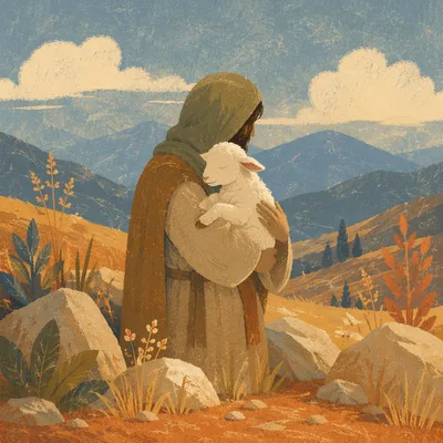Shepherd Carrying Lost Lamb in Mountains