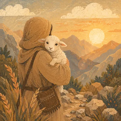 Good Shepherd Carrying Lost Lamb in Mountains