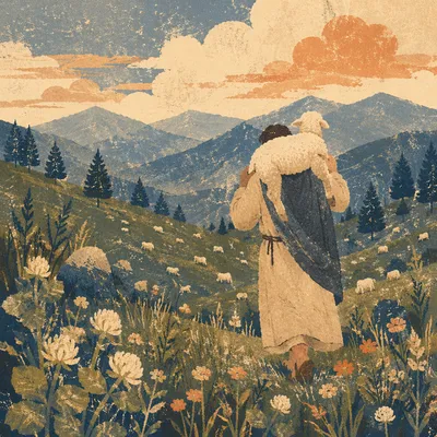 Shepherd Carrying Lost Lamb Through Mountains