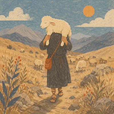 Shepherd Carrying Lost Lamb Through Mountains