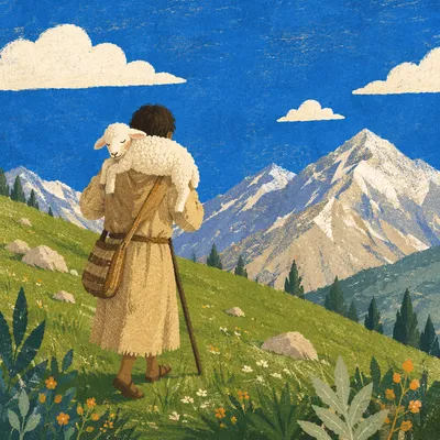 Shepherd Carrying Lost Lamb in Mountain Pasture