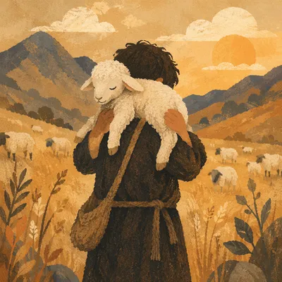 Shepherd Carrying Lost Lamb in Golden Hills