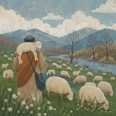 Shepherd Carrying Lost Lamb in Mountain Meadow