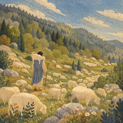 Shepherd Carrying Lost Lamb in Mountains