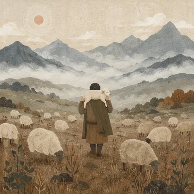 Shepherd Carrying Lamb Through Misty Mountains