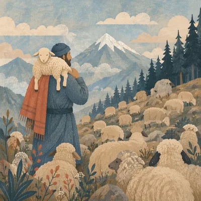 Good Shepherd Carrying Lost Lamb in Mountains
