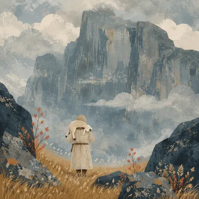 Shepherd Carrying Lost Lamb in Misty Mountains