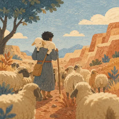 Shepherd Carrying Lost Lamb Through Mountains