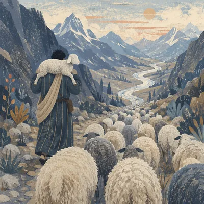 Shepherd Carrying Lamb Through Mountain Valley