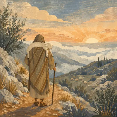 Shepherd Carrying Lost Lamb at Dawn
