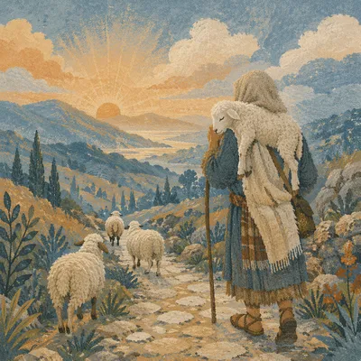 Shepherd Carrying Lost Lamb at Dawn