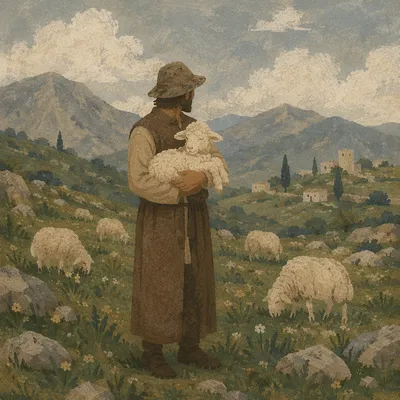 Shepherd Carrying Lost Lamb in Mountains