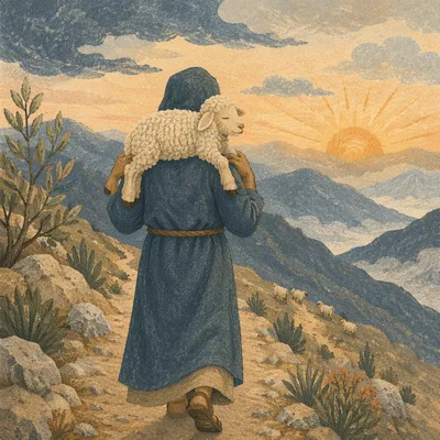 Shepherd Carrying Lost Lamb at Dawn