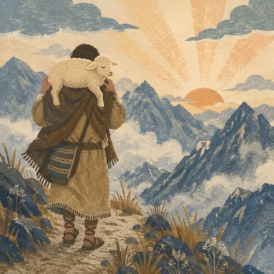 Shepherd Carrying Lost Lamb at Dawn