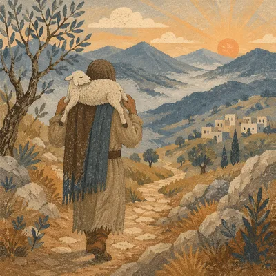 Shepherd Carrying Lost Lamb at Dawn