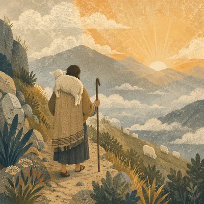 Shepherd Carrying Lost Lamb at Dawn