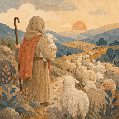 Shepherd Carrying Lost Lamb in Mountain Valley