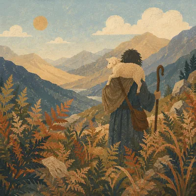 Shepherd Carrying Lost Lamb in Mountains
