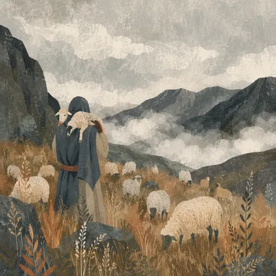 Shepherd Rescuing Lamb on Misty Mountain