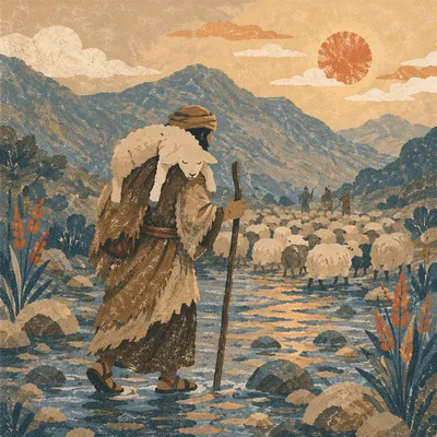 Shepherd Carrying Lost Lamb Through Mountain Stream