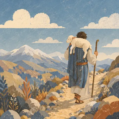 Shepherd Carrying Lost Lamb Through Mountains